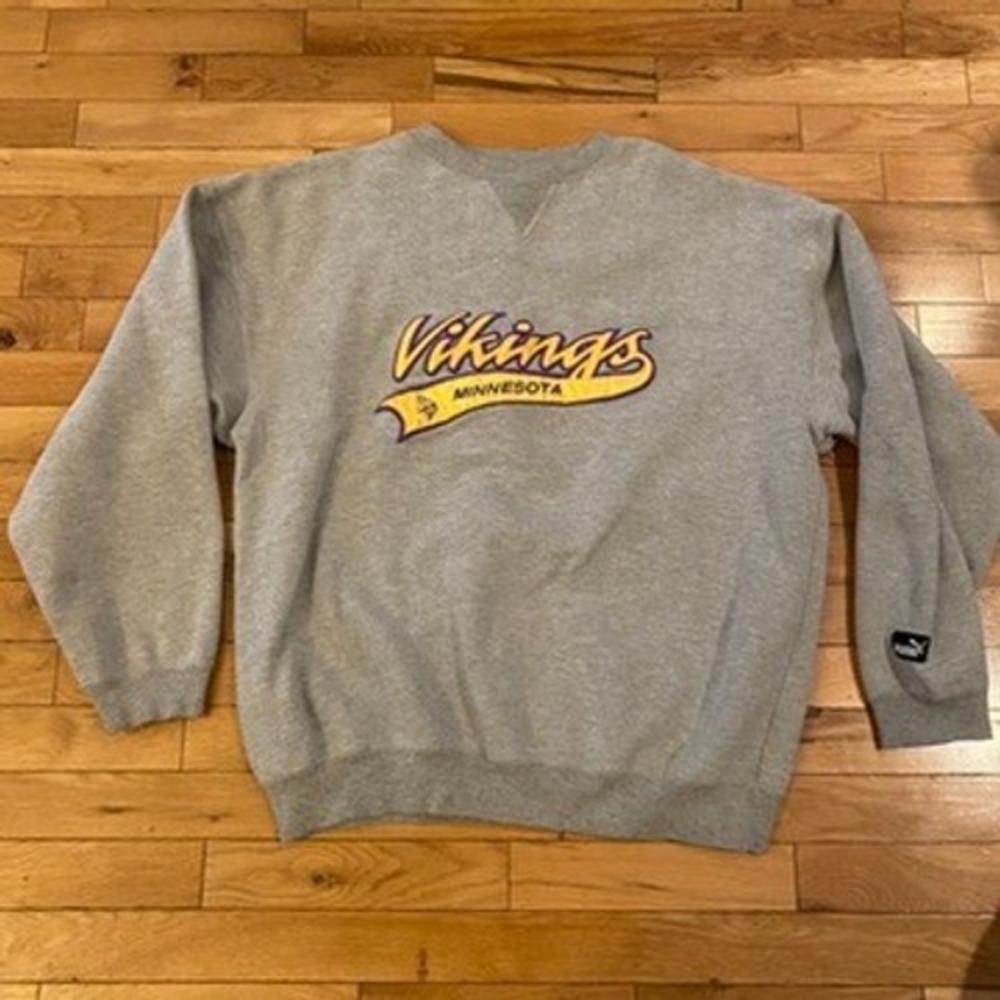 Vintage Puma Minnesota Vikings Crewneck Sweatshirt Grey Men's Size L NFL Y2K